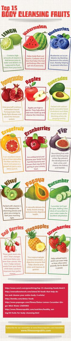 15 Body Cleansing Fruits : Fruit fasts or cleanses are said to allow your digestive system to detoxify, get rid of toxins and wastes, and help you to naturally restore harmony and balance to your entire body. In this infographic found on Pinterest, we are introduced to what are said to be the Top 15 Body […] Fruit Fast, Resep Smoothie, Body Cleansing, Different Fruits, Juice Recipes, Sugar Detox