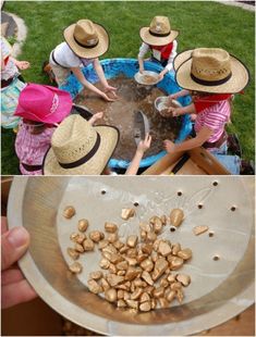 kids in hats are gathered around a bowl full of peanuts and some people wearing straw hats