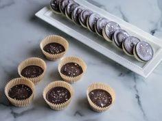 chocolate cupcakes are lined up on a white tray and next to some cookies