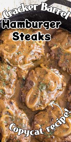 Overhead view of hamburger steaks in gravy in a pan. Hamburger Steaks Crock Pot, 1 Lb Of Hamburger Recipes, Hamburger Steak With Brown Gravy Crockpot, Hamburger Steak In Crockpot, Premade Hamburger Patties Recipes, Stove Top Hamburger Recipes