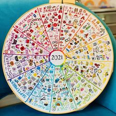 a colorful wheel of numbers on a blue chair