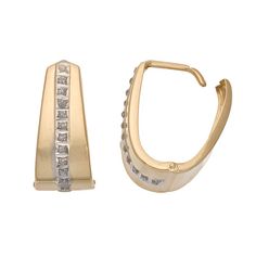 Simply stunning. Diamond accents line these 14k gold U-hoop for incredible style.Earring Details: Length: .75-in. Backings: leverback Metal: 14k goldDiamond Details: Carat total weight: less than 1/10 Cut: roundImage(s) may be enlarged to show detail.Diamond weights are approximate. Diamond total weights may vary between .01 and .08 ct. Some diamonds have fewer than 17 facets.Gemstones may have been treated to enhance their appearance. Special care may be required. Please visit our Gemstone Trea Gold Hoop Jewelry With Channel Set, Gold Channel Set Hoop Earrings, 14k Gold Channel Set Gold Hoop Earrings, Gold Hoop Diamond Earrings Channel Set, Gold Channel Set Hoop Earrings For Anniversary, Gold Hoop Huggie Earrings With Channel Set, Gold Huggie Hoop Earrings With Channel Set, Modern Prong Set Huggie Earrings For Formal Events, Gold Small Hoop Diamond Earrings Channel Set