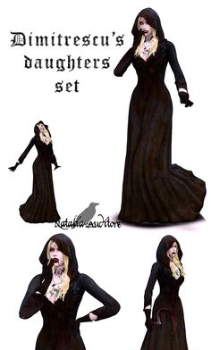 three different images of a woman dressed in black and wearing a long dress with her hands on