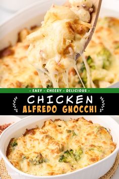 chicken alfredo gnocchi with broccoli in a white casserole dish