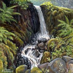 a painting of a waterfall surrounded by rocks and trees