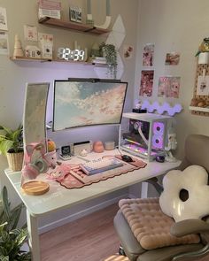 a desk with a computer monitor, keyboard and other items on it in a room