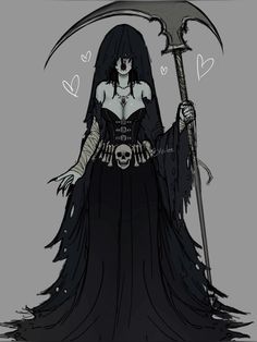 a woman with black hair holding a scythe