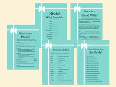 the bridal word scramble is shown in blue and white with bows on each side