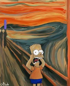 a painting of a cartoon character holding his head in front of the scream