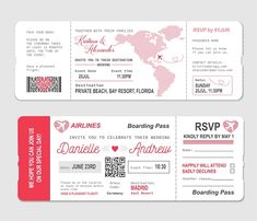 two wedding boarding cards with the names of each destination and location on them, one is red