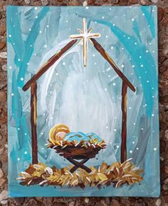 an acrylic painting of a nativity scene with a baby jesus in the manger