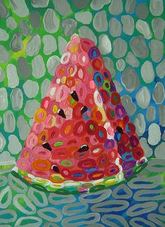 a painting of a watermelon on a green and blue surface with circles around it