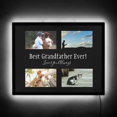 a black and white photo frame with the words best grandfather ever on it, surrounded by photos of cats