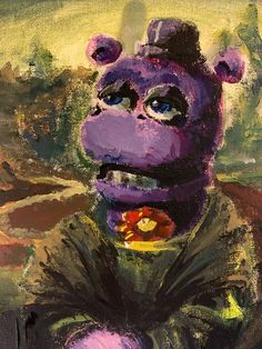 a painting of a purple animal wearing a top hat and holding a flower in his hand