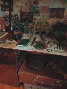 a cluttered desk with books and plants in the corner next to an old suitcase