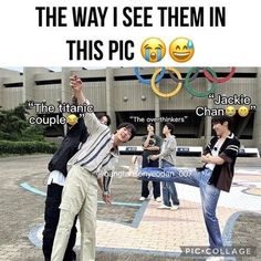 two young men dancing in front of a building with the caption'the way i see them in this pic '