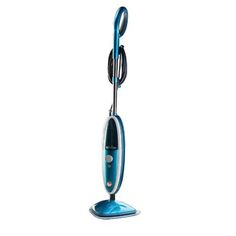 a blue and white steam mop on a white background