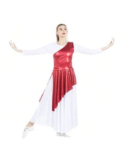 a woman in a red and white dress with her arms spread out to the side