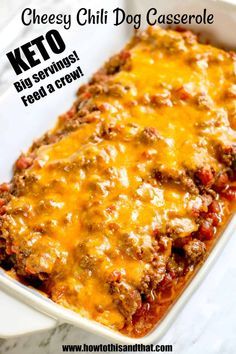 a cheesy chili dog casserole in a white dish