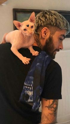 a man carrying a cat on his back while wearing a black shirt and blue tie