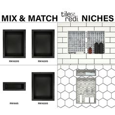 four different views of the same bathroom with black and white tile, including shower niches