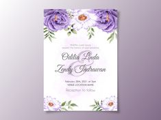 an elegant wedding card with purple flowers on the front and white petals on the back