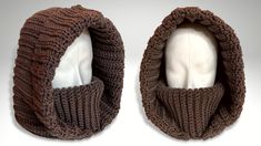 two knitted hats with hoods on top of each other, one in brown and the other in white