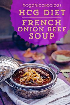 a bowl of french onion beef soup with the title overlay reads, hg diet french onion beef soup