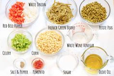 the ingredients to make an italian pasta salad are shown in bowls on a white surface