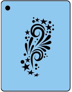 a blue sign with black stars and swirls on it's side, against a white background