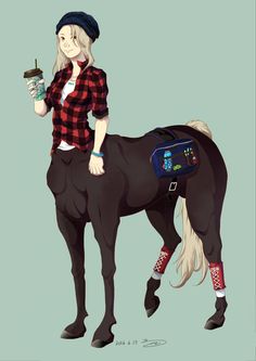 a drawing of a woman standing next to a horse with a cup in her hand