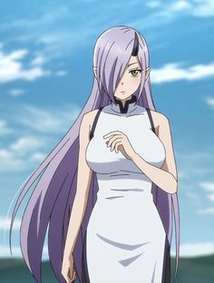 a woman with long purple hair standing in front of a blue sky and some clouds