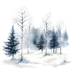 watercolor painting of trees in the snow