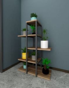 there is a shelf with plants in the corner next to a door and a potted plant