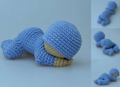 there is a crocheted blue stuffed animal next to it's baby feet