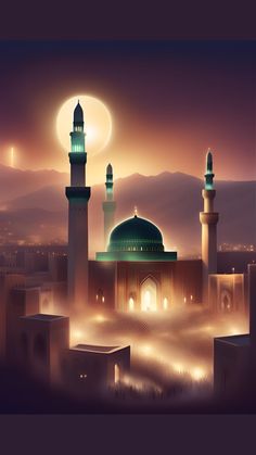 an illustration of a mosque in the middle of a city at night with lights shining on it