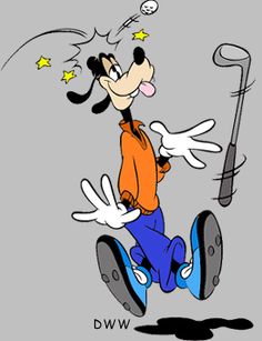 an image of mickey mouse running with golf club in his hand and stars flying around