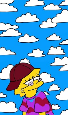 the simpsons is standing in front of some clouds and blue sky with white fluffy clouds