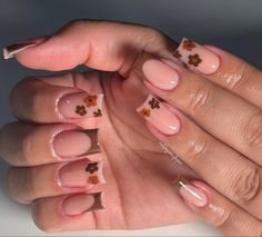 Thanksgiving Nails Short Square, Brown Frenchies, Short Fall Nail Designs, Short Fall Nail, Simple Fall Nails, Colored Acrylic Nails