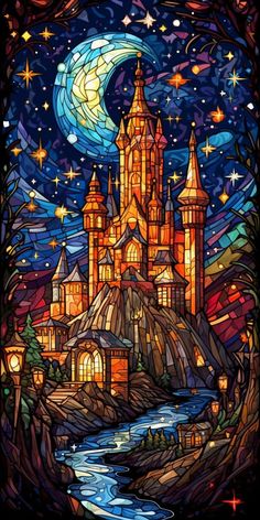 a stained glass window with an image of a castle in the sky and stars above it