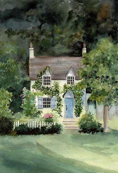 a watercolor painting of a house with trees and bushes around it's front door