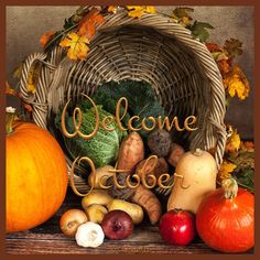 a square clock with the words thank surrounded by autumn fruits and vegetables