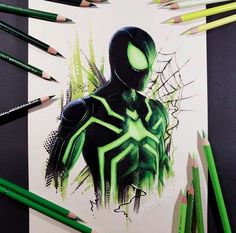 a drawing of a spider man surrounded by pencils