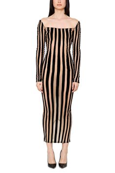 Striped Boat Neck Mid Length Gown – LaQuan Smith Laquan Smith, Bustier Dress, Dolce E Gabbana, Performance Outfit, Vertical Stripes, Boat Neck, Striped Dress, Mid Length, Miu Miu