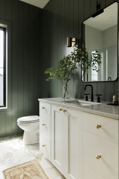 a bathroom with green walls and white cabinetry has a potted plant on the counter