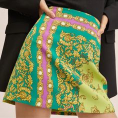 New With Tags Lined Mango Skirts, Baroque Print, Green Mini Skirt, Buy Skirts, A Line Mini Skirt, Designer Shorts, Print Skirt, Green Skirt, Printed Skirts