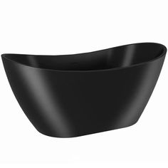 a black bath tub sitting on top of a white floor