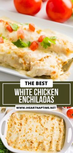 These white chicken enchiladas are made with a creamy, cheesy chicken filling, rolled up, smothered in white sauce, then baked until bubbly.