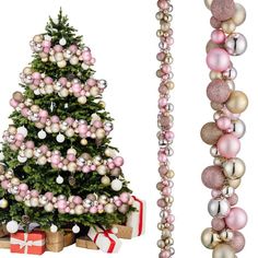 a decorated christmas tree next to a wooden pole with ornaments on it and presents underneath