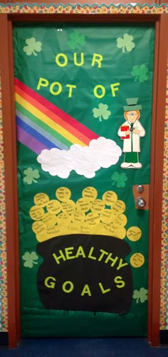 a door decorated with shamrocks, pot of gold and a rainbow